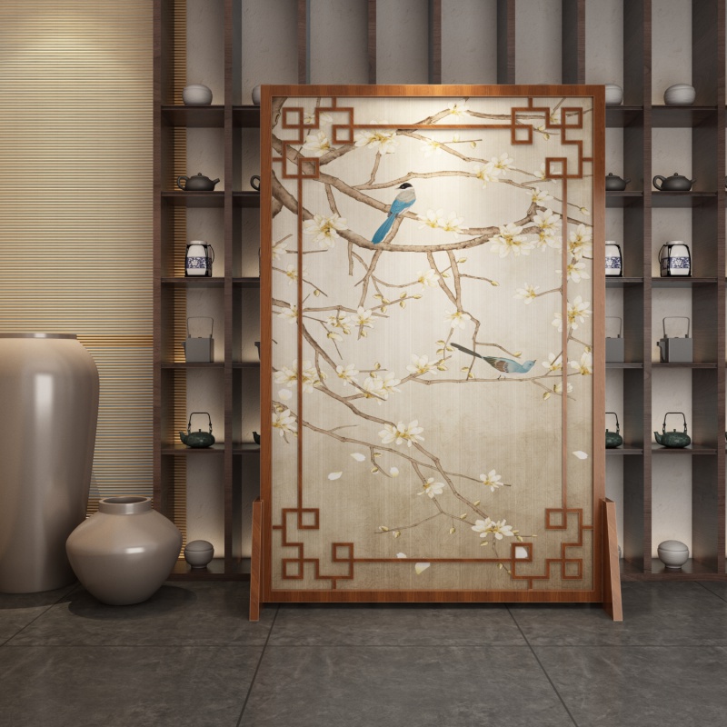 定制中式屏风客厅酒店山水镂空实木遮挡家用玄关隔断花鸟座屏 图案6胡桃木120*180高清大图