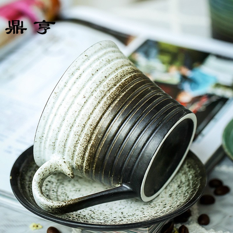 鼎亨艺隆轩日式单品咖啡杯带碟 粗陶条纹 咖啡店器具 纯手工制作