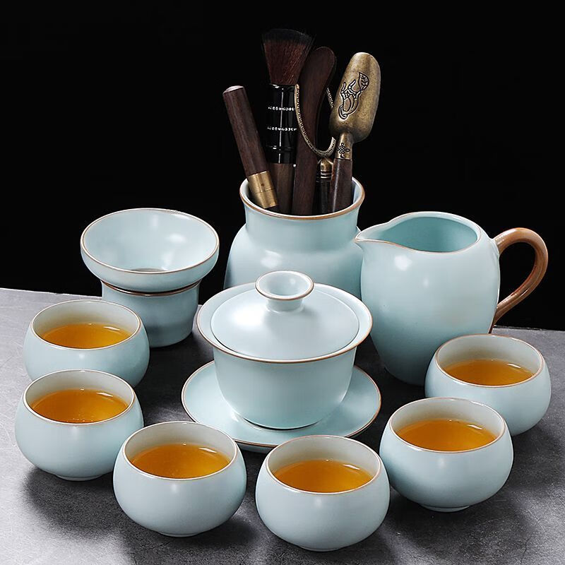 汝窑青瓷整套家用陶瓷功夫盖碗西施壶茶杯简约办公泡茶 天青汝窑盖碗-茶道10入