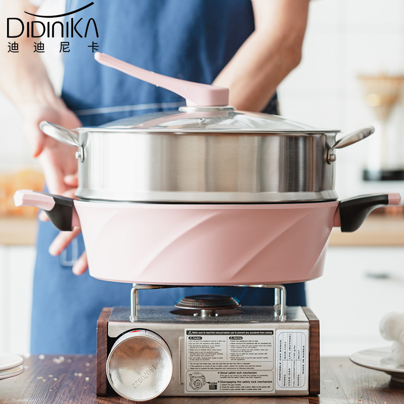 迪迪尼卡（Didinika）2019新款28cm浅汤锅家用麦饭石不粘锅多功能双耳煮锅带蒸屉