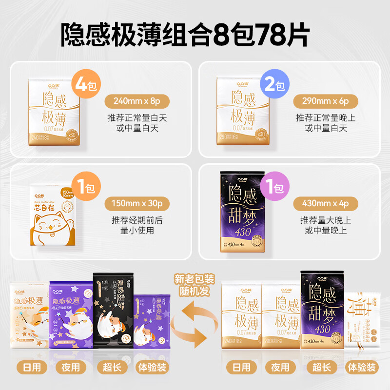 凸凸棉隐感极薄卫生巾8包78片干爽透气超薄瞬吸姨妈巾组合套装【品牌直供 安心品质】