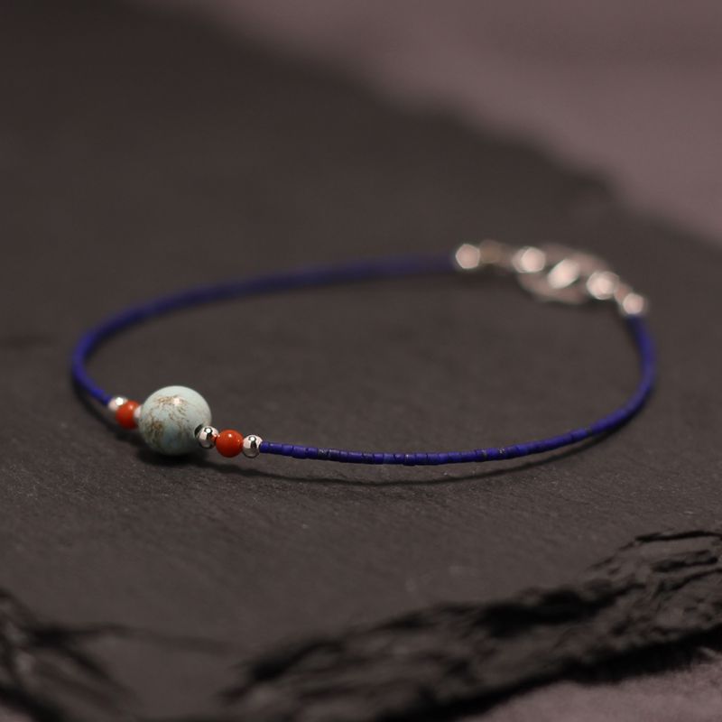 天然原创简约纯银百搭气质平安符极细桶珠青金石南红大绿松石手链送女朋友老婆情人节七夕生日礼物