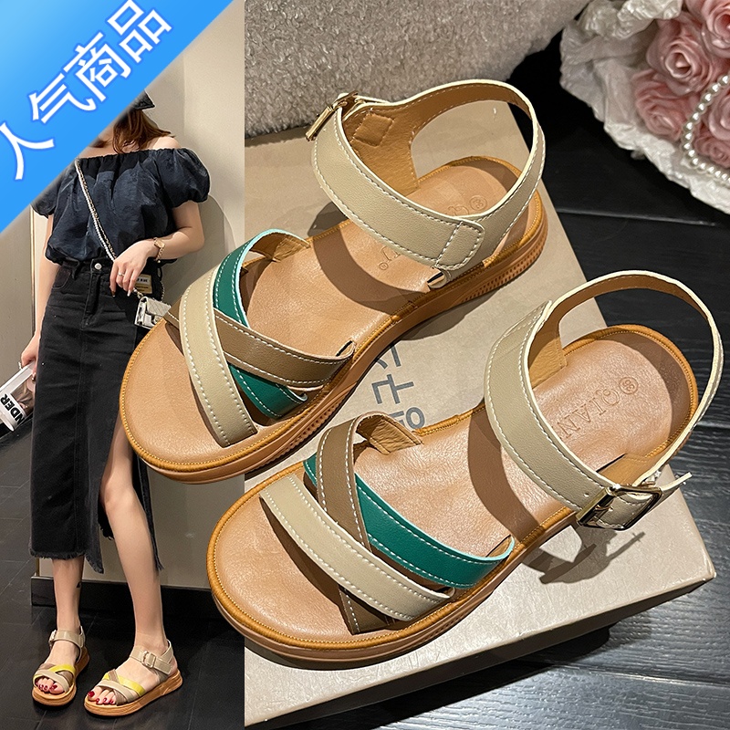 SUNTEK沙滩凉鞋女2023年新款平底一字扣带舒适休闲女鞋时尚百搭软底夏季高清大图