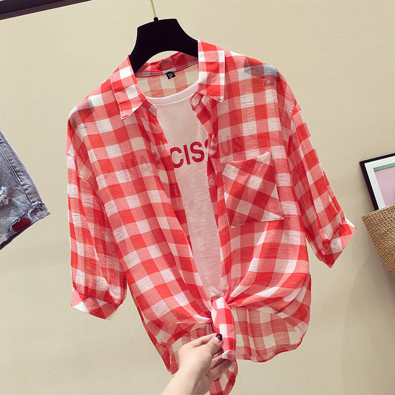 红色格子衬衫女短袖2018新款夏季韩范假两件衬衣ins超火的上衣潮