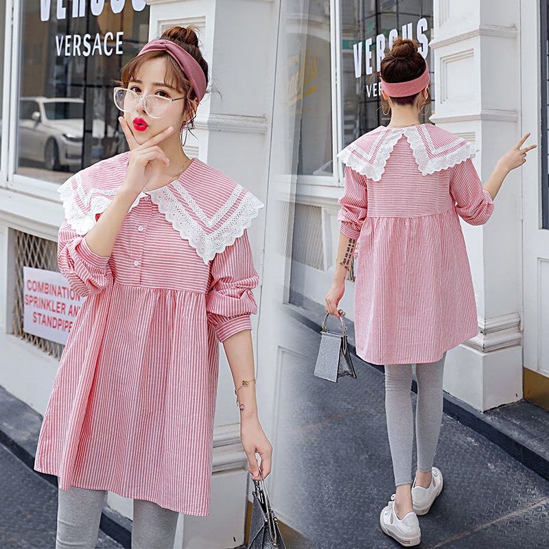 迪鲁奥(DILUAO)孕妇装秋装纯棉长袖衬衫中长款孕妇装新款宽松秋装翻领花边领图片