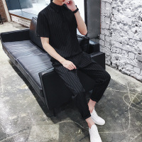 gurunvani 网红条纹polo衫套装男潮牌潮流短袖T恤九分裤男装搭配一套帅气夏装大码