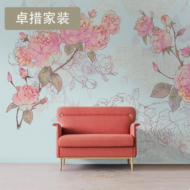 原创手绘田园蔷薇客厅壁纸 大型壁画定制花卉墙纸电视背景墙壹德壹