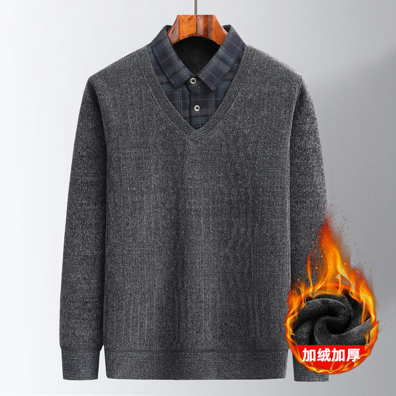 啄木鸟毛衣男款冬季百搭休闲2024新款POLO衫时尚假两件防寒内搭男 灰色 190/4XL200-220斤