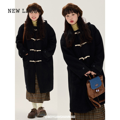 NEW LAKEVOUSAL 23FW/黑色连帽牛角扣毛呢大衣女加厚加绒保暖中长版外套