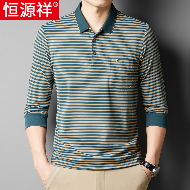 恒源祥长袖t恤男士Polo衫中老年条纹爸爸装春秋薄款宽松口袋款l高清大图