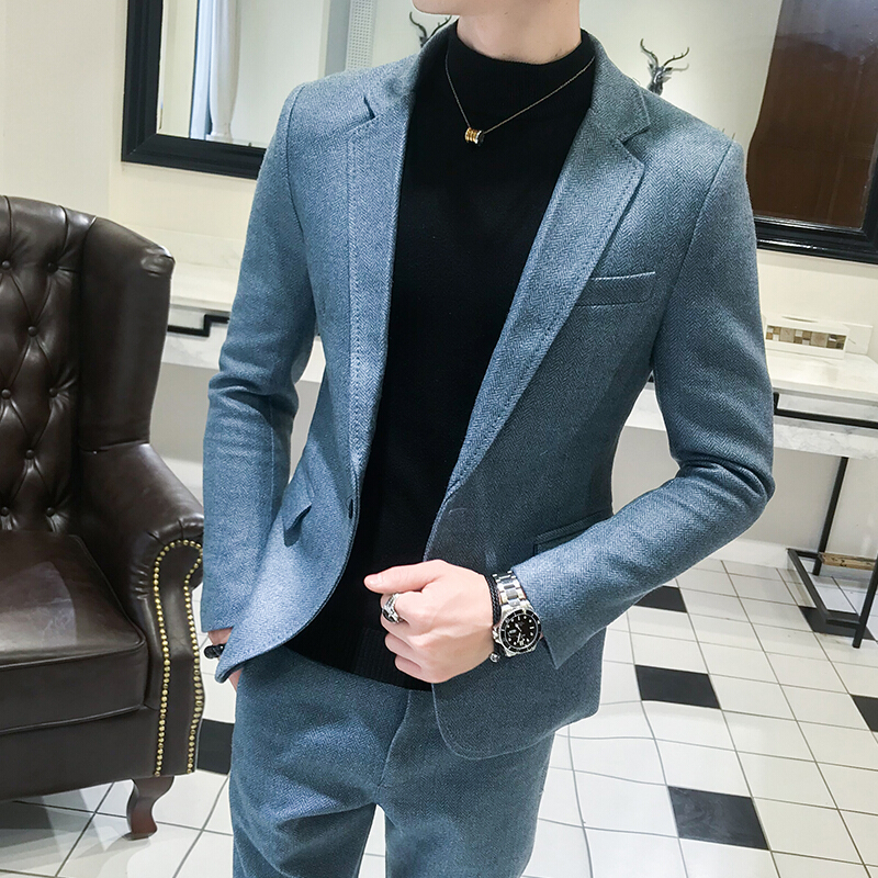 梵克公牛2019年秋季新款网红男商务休闲常规呢料长袖单扣西服套装
