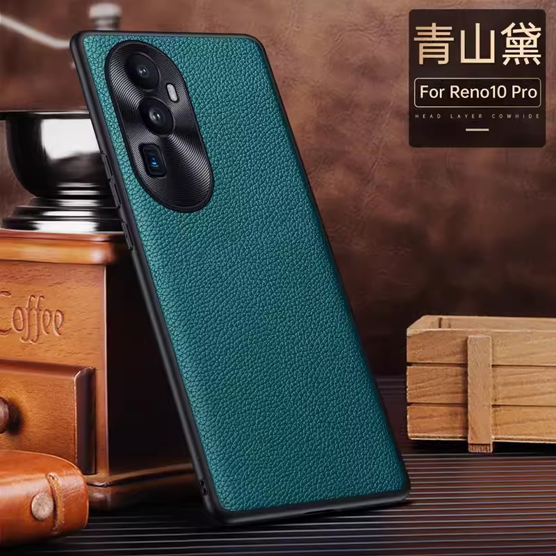 安美宝OPPO Reno10手机壳皮质Reno8Pro+简约荔枝纹reno7带金属护镜reon9Pro+新款商务