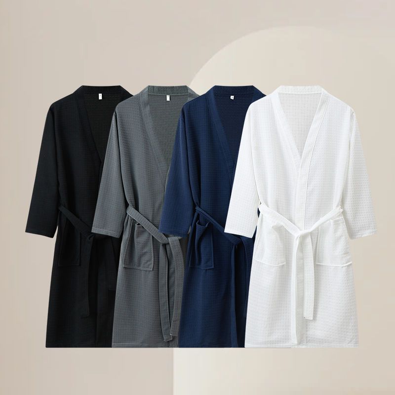 春秋冬情侣睡袍女长袖华夫格纯色酒店浴衣袍男中长款大码高清大图