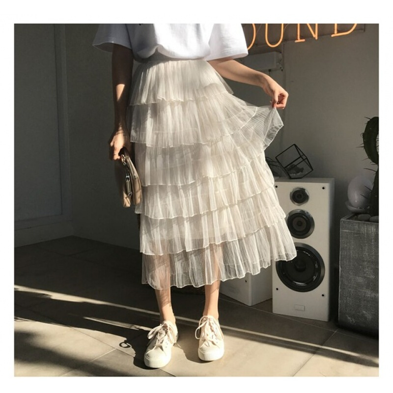 2018新款夏ins超火的网纱百褶裙半身裙高腰多层次仙女长裙米白色均码