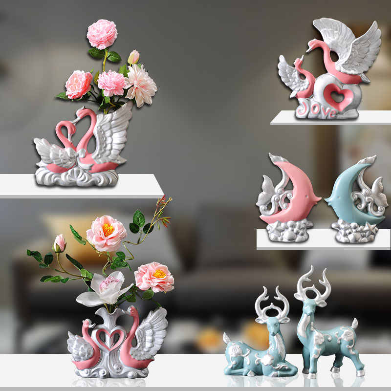 陶瓷哑光摆件天鹅花瓶花束家居装饰品艺术品客厅玄关电视柜送礼 三维工匠 小号大象高清大图