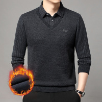 雪貂绒男士假两件毛衣冬季新款加绒加厚保暖翻领打底针织衫男 L/50 黑色