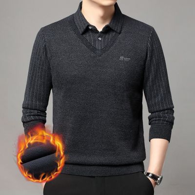 雪貂绒男士假两件毛衣冬季新款加绒加厚保暖翻领打底针织衫男 L/50 黑色