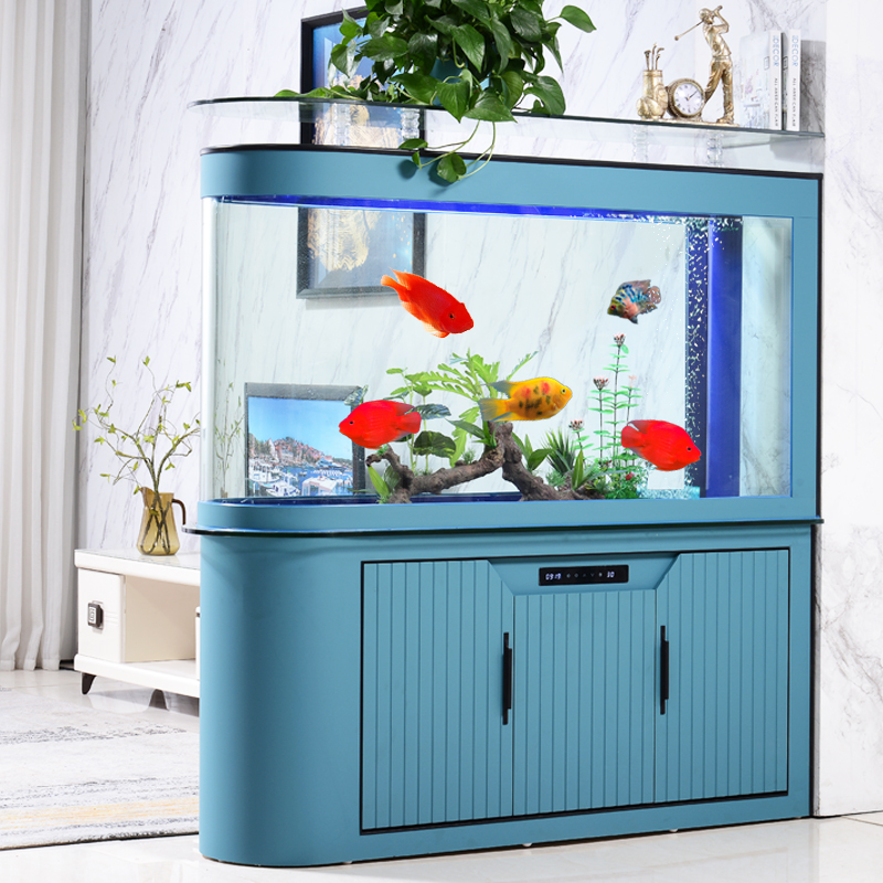 生态底滤鱼缸水族箱中大型家用落地客厅屏风金龙鱼缸沙发旁隔断热弯U形玻璃锦鲤缸高清大图