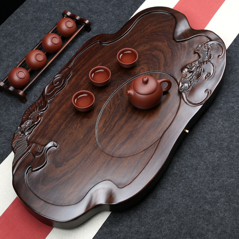 黑檀平板茶盘托盘茶台功夫茶具黑檀木实木套装家用整块加厚大号中品茗