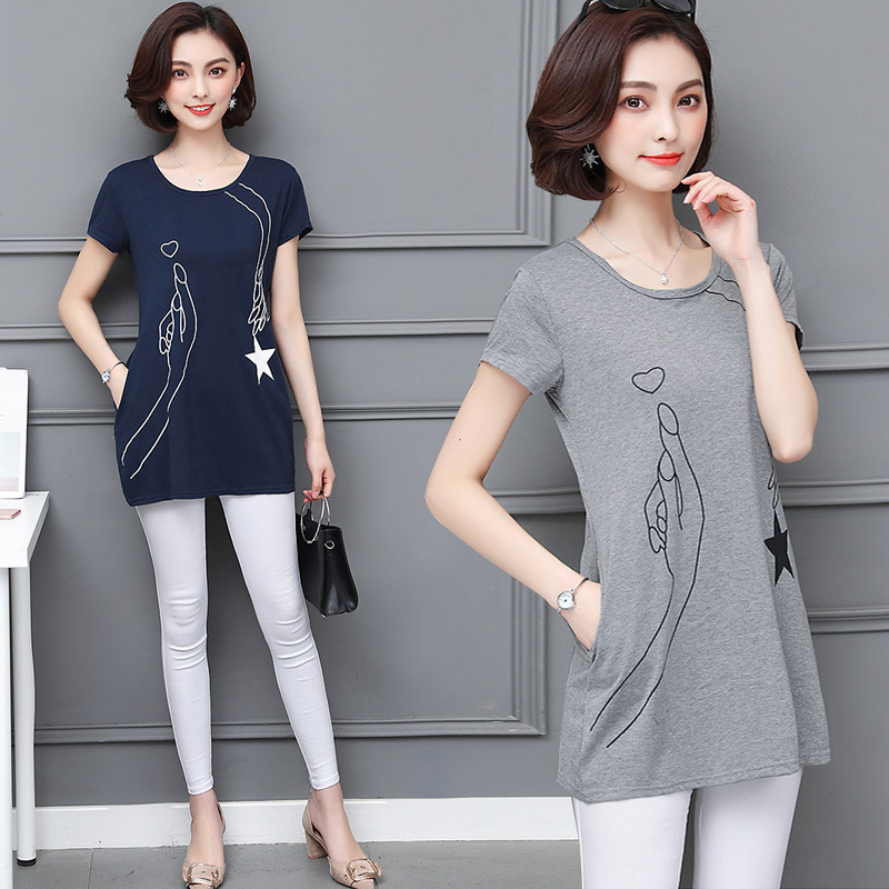 欧乐鑫胖mm大码夏装短袖t恤女中长款纯棉宽松加肥加大200斤遮肚子上