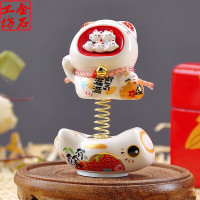 猫汽车摆件弹簧公仔陶瓷摇头娃娃车仔送朋友平安车饰 三维工匠 53235粉色旺福_546