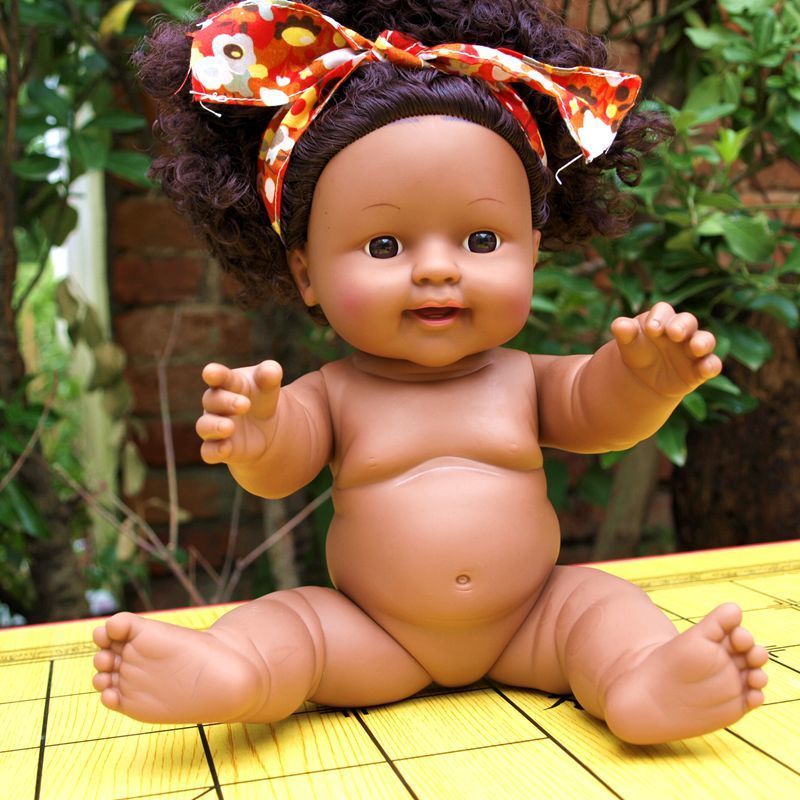 非洲女孩黑皮肤爆炸头洋娃娃全身软胶发声仿真娃娃幼儿园早教教具桔衣