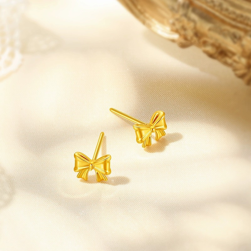 潮宏基蝴蝶结足金耳钉黄金耳饰公主风5d硬金礼物送女友