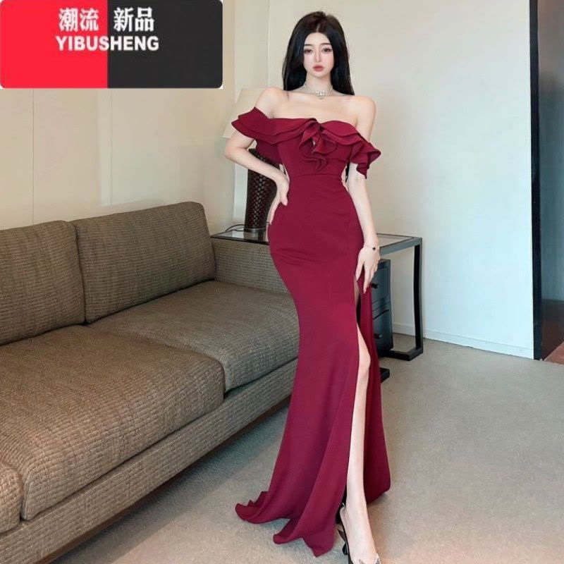 YIBUSHENG性感一字肩连衣裙长裙女季荷叶边气质名媛高开叉晚礼服裙高级感图片