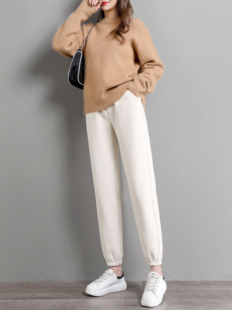 suntek米白色裤子女春秋运动裤女灯芯绒条绒裤外穿雪尼尔束脚奶奶萝卜