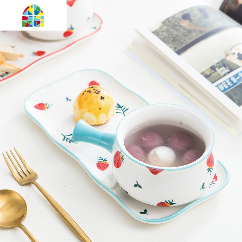 精致餐具早餐一人食套装家用 日式单人可爱手绘四方盘