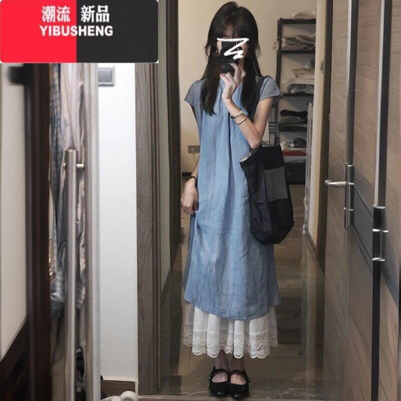 YIBUSHENG新中式轻国风蓝色连衣裙子季2024新款女装改良旗袍长裙叠穿套装图片