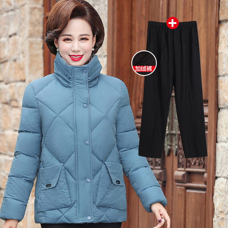 迪鲁奥（DILUAO)波司登旗下妈妈装羽绒服女2021新款冬装女士短款外套秋冬50岁40中 2XL建议100-115斤 蓝色+加绒裤子