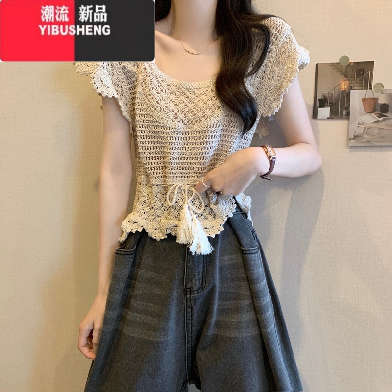 YIBUSHENG波西米亚民族风钩花镂空冰丝针织短袖t恤女季防晒罩衫甜辣上衣