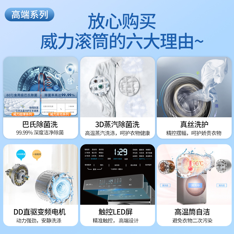 威力(WEILI)10公斤滚筒全自动洗衣机DD直驱变频智能洗涤蒸汽除菌高温筒自洁巴氏除菌 XQG100-1468DDP