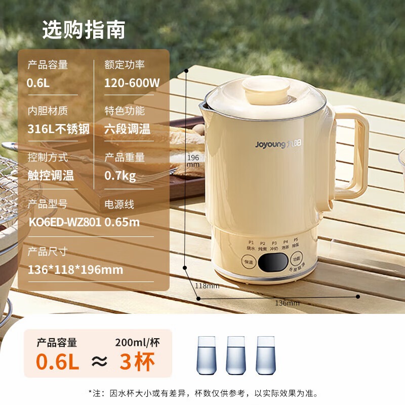 九阳 便携式折叠烧水壶 316L不锈钢内胆6段智能控温一壶多用0胶水可折叠开水壶K06ED-WZ801高清大图
