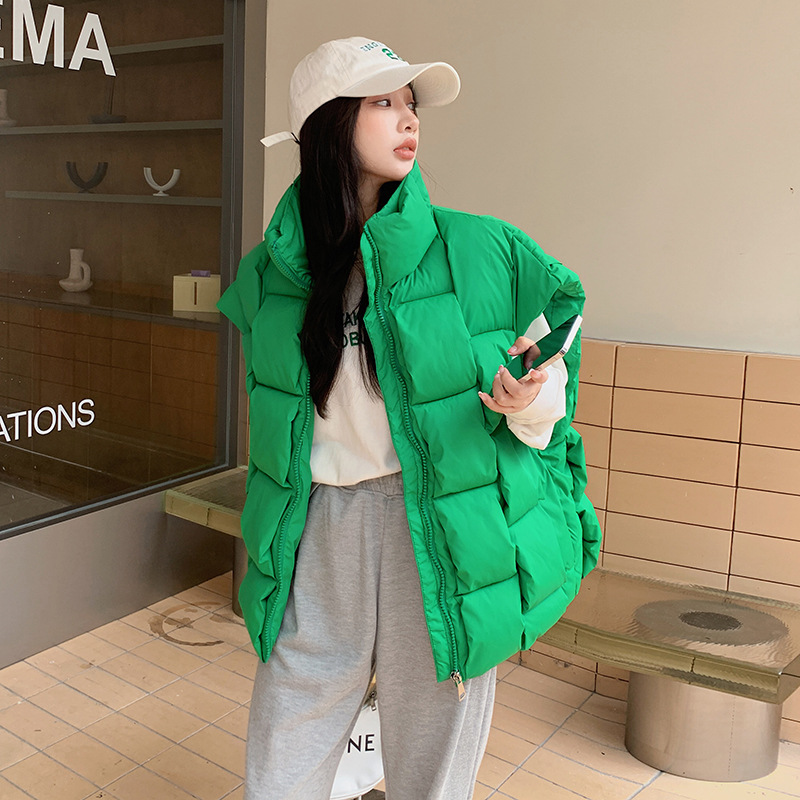 冬季新款立体编织时尚个性方块潮流保暖马甲2023韩版宽松百搭女士 绿色 XXL