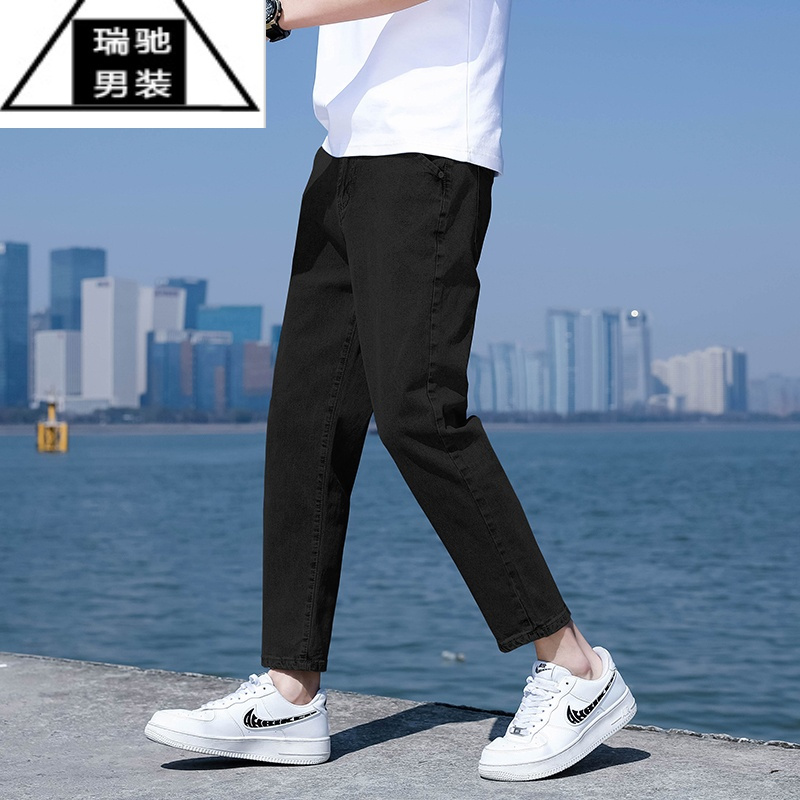 希杰狮王夏季弹力薄款黑色牛仔裤男士潮流宽松九分裤修身休闲小脚长