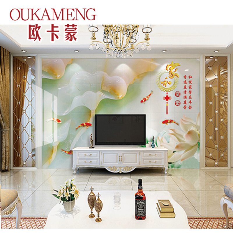 欧卡蒙OUKAMENG瓷砖背景墙3d玉雕荷花电视墙仿玉石微晶石影视墙装饰造型客厅雕刻艺术定制现代中式背景墙砖 家和富贵