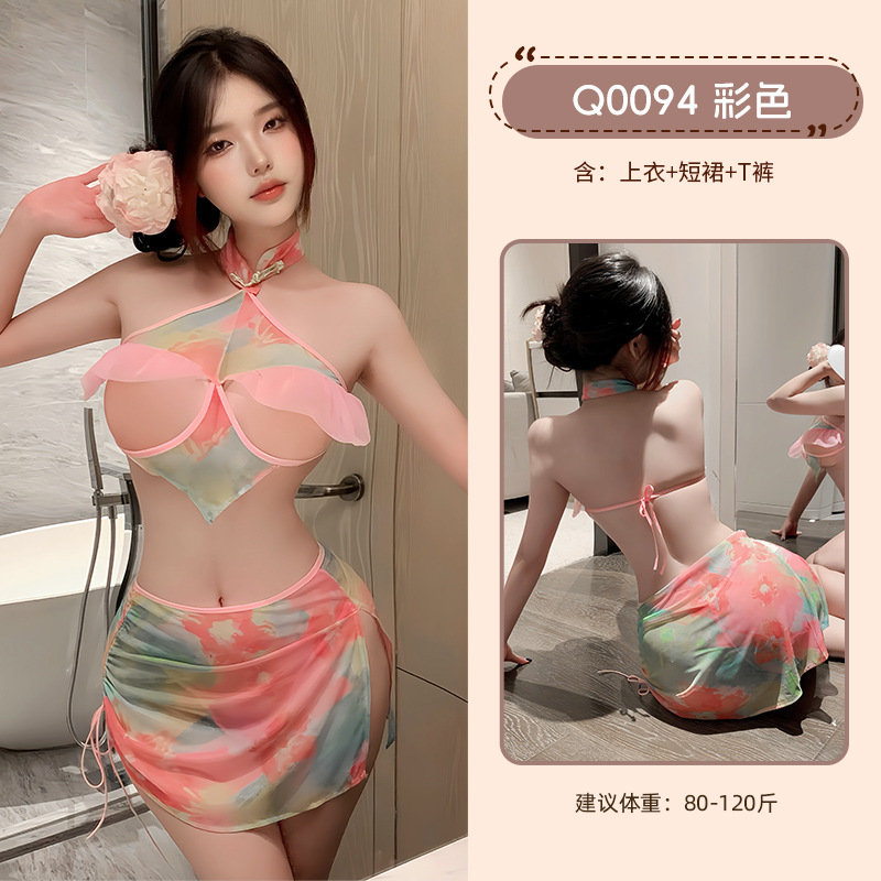 九里晴川情趣内衣女士新款露背旗袍制服诱惑套装透视免脱印花裙 九里晴川Q0094【镂空旗袍连衣裙】 均码