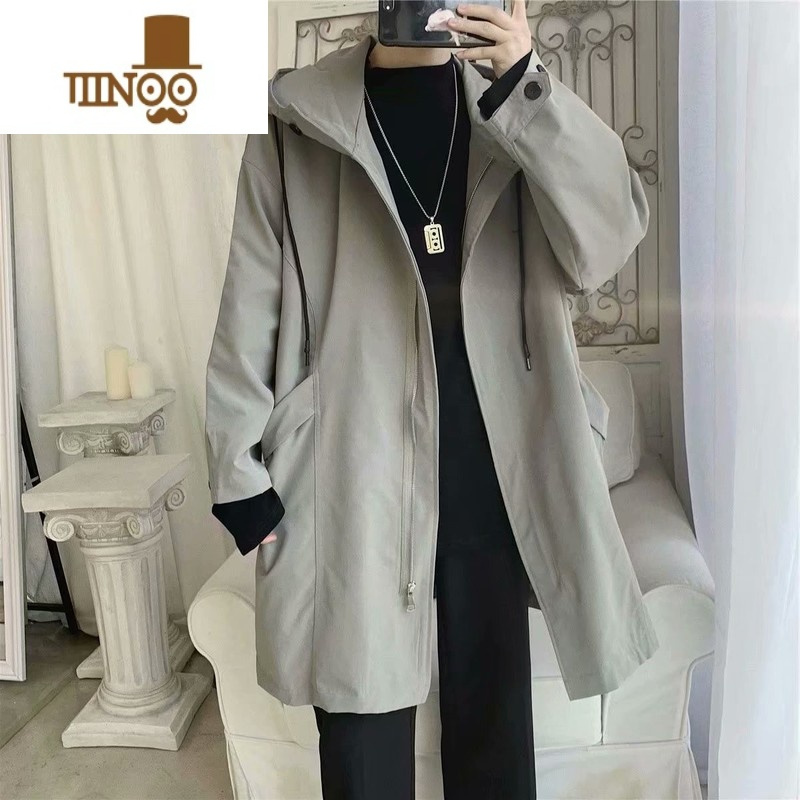 yanxu男士连帽风衣2023春季新款韩版修身薄款披风百搭休闲中长款外套