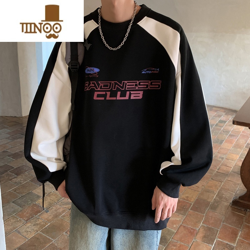 YANXU卫衣男春季新款国潮痞帅外套宽松学生撞色机车服无帽套头上衣 黑色 L