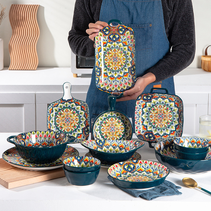 波西米亚家用烤盘手柄碗餐具套装高颜值饭碗双耳汤碗盘子绿波斯4.8寸比利蒂斯石纹1036高清大图