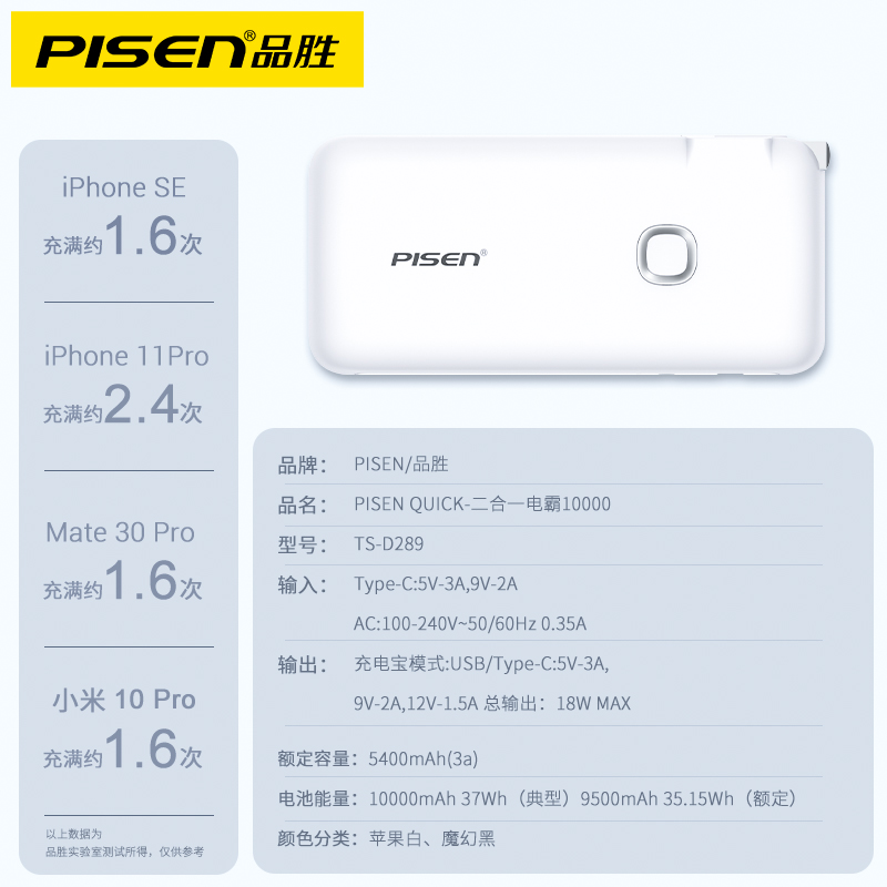 品胜10000毫安时充电宝充电器二合一(白色)自带插头移动电源PD18W双向快充双输入双口输出小巧便携苹果华为小米手机高清大图