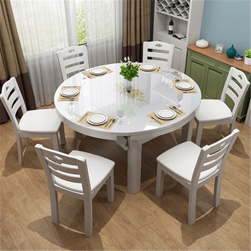 天惠子 餐桌 木质实木餐桌椅组合玻璃餐桌折叠伸缩现代简约钢化玻璃圆形吃饭桌子