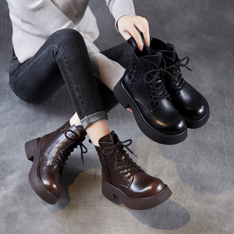 头层牛皮女靴子棕色复古轻奢马丁靴秋冬款英伦风厚底增高编织短靴