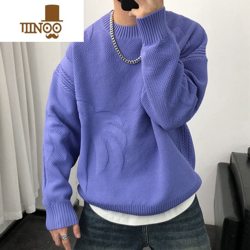 YANXU粗线针织毛衣男2023新款简约帅气宽松圆领慵懒风情侣线衫卫衣 紫色 2XL