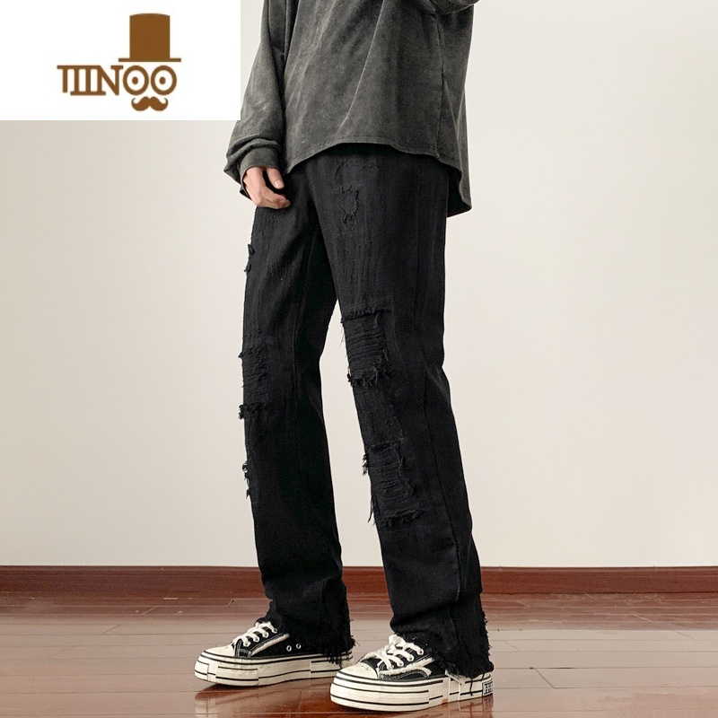 YANXU设计感破洞毛边牛仔裤男做旧水洗高街复古宽松直筒阔腿长高高清大图