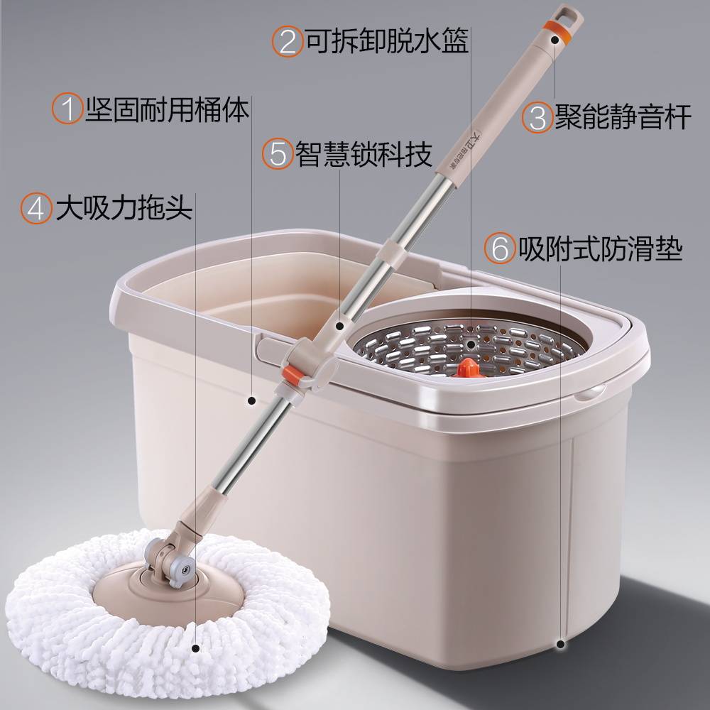 (大卫)双驱动免手洗可伸缩旋转拖把D6(米咖色)(jz-6008)严选高清大图
