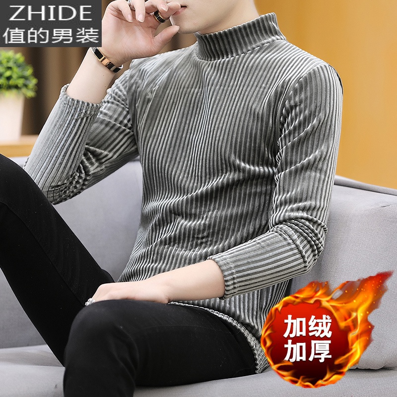 SUNTEK男士加绒加厚长袖T恤冬季韩版高领保暖衣服潮流卫衣金丝绒打底衫T恤高清大图