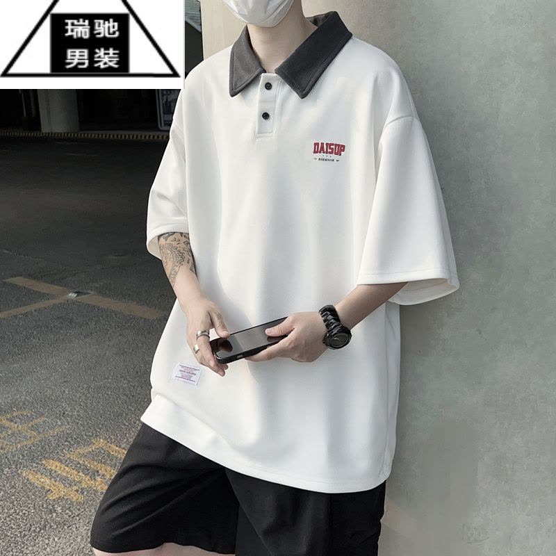 希杰狮王美式复古男生短袖翻领polo衫夏季痞帅正肩衬衫领T恤图片